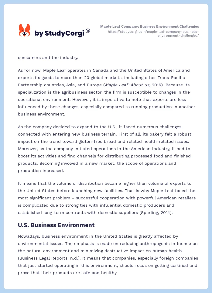 Maple Leaf Company: Business Environment Challenges. Page 2
