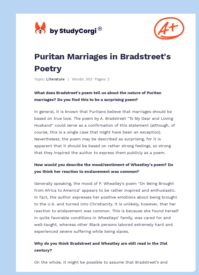 Puritan Marriages in Bradstreet's Poetry. Page 1