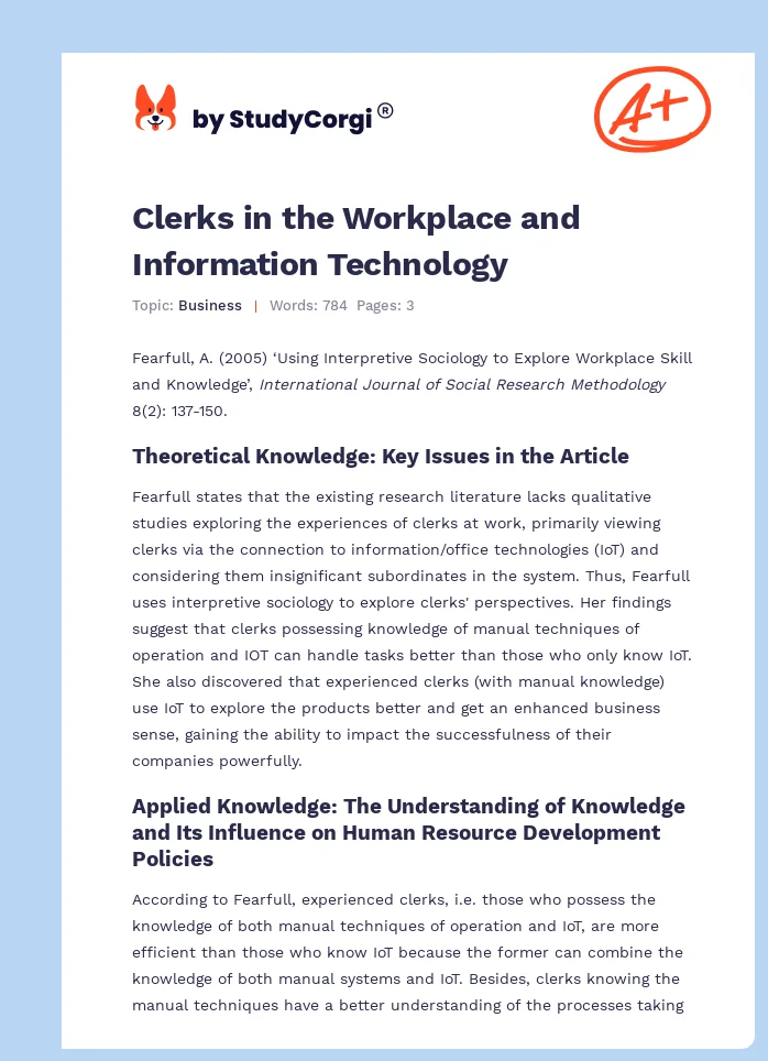 Clerks in the Workplace and Information Technology. Page 1