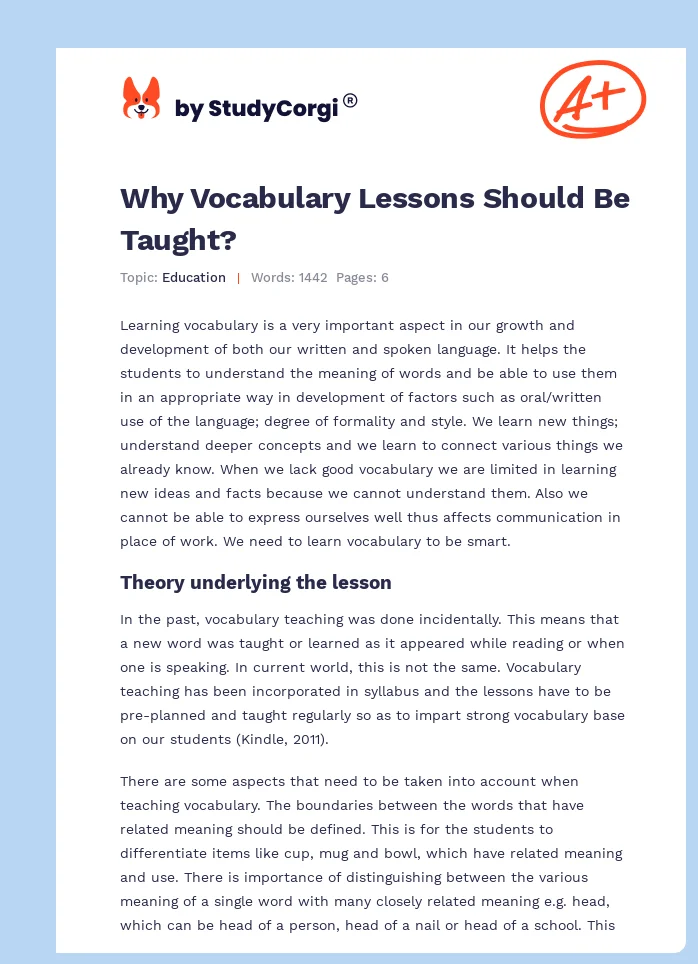 Why Vocabulary Lessons Should Be Taught?. Page 1