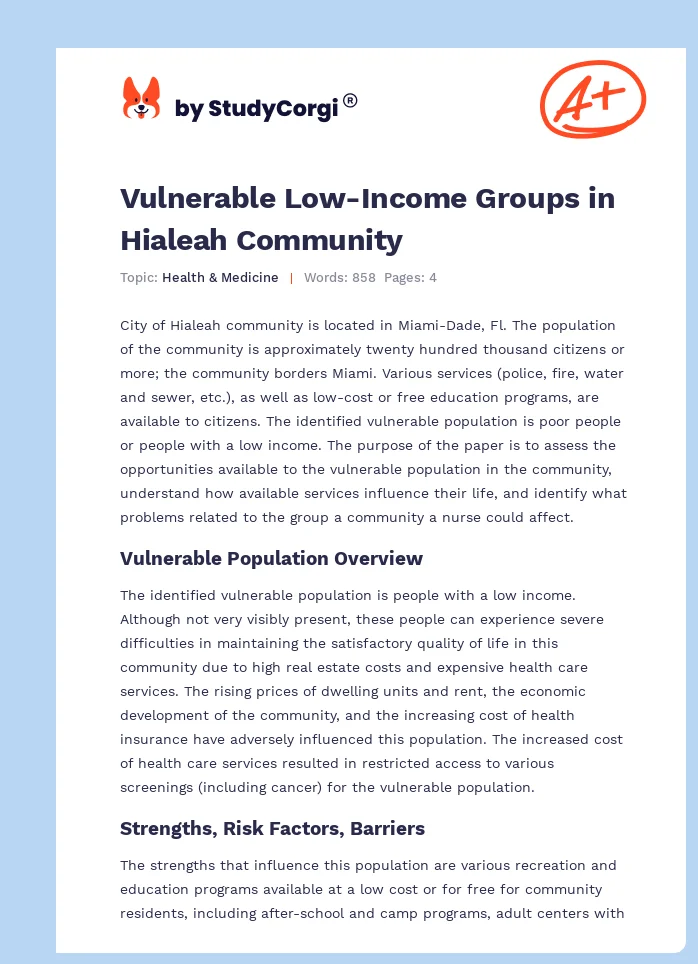 Vulnerable Low-Income Groups in Hialeah Community. Page 1