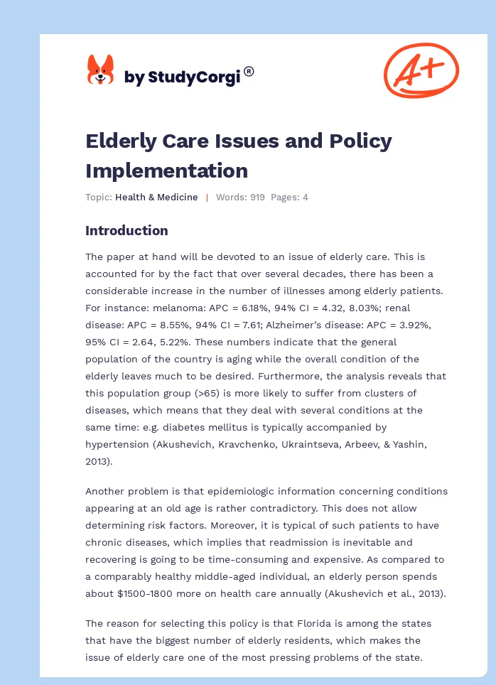 Elderly Care Issues and Policy Implementation. Page 1