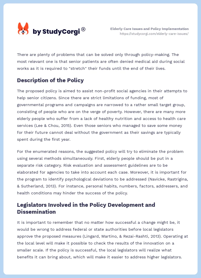 Elderly Care Issues and Policy Implementation. Page 2