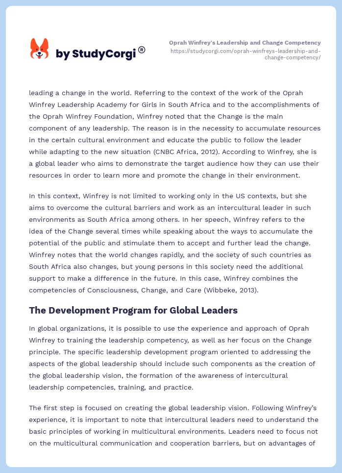Oprah Winfrey's Leadership and Change Competency. Page 2
