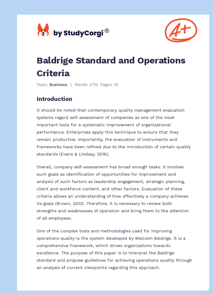 Baldrige Standard and Operations Criteria. Page 1