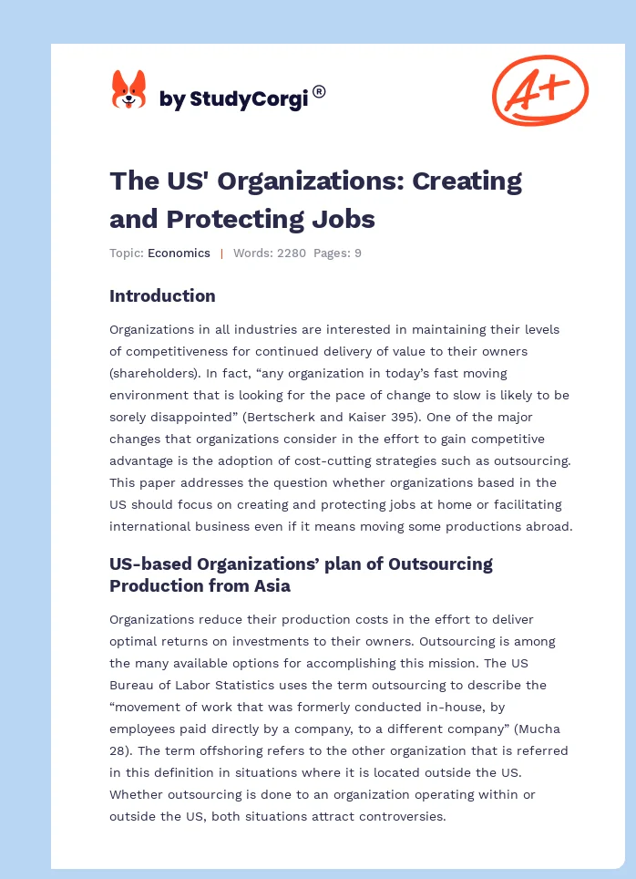 The US' Organizations: Creating and Protecting Jobs. Page 1