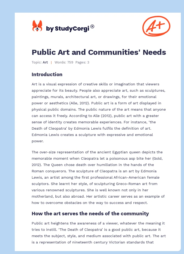 Public Art and Communities' Needs. Page 1