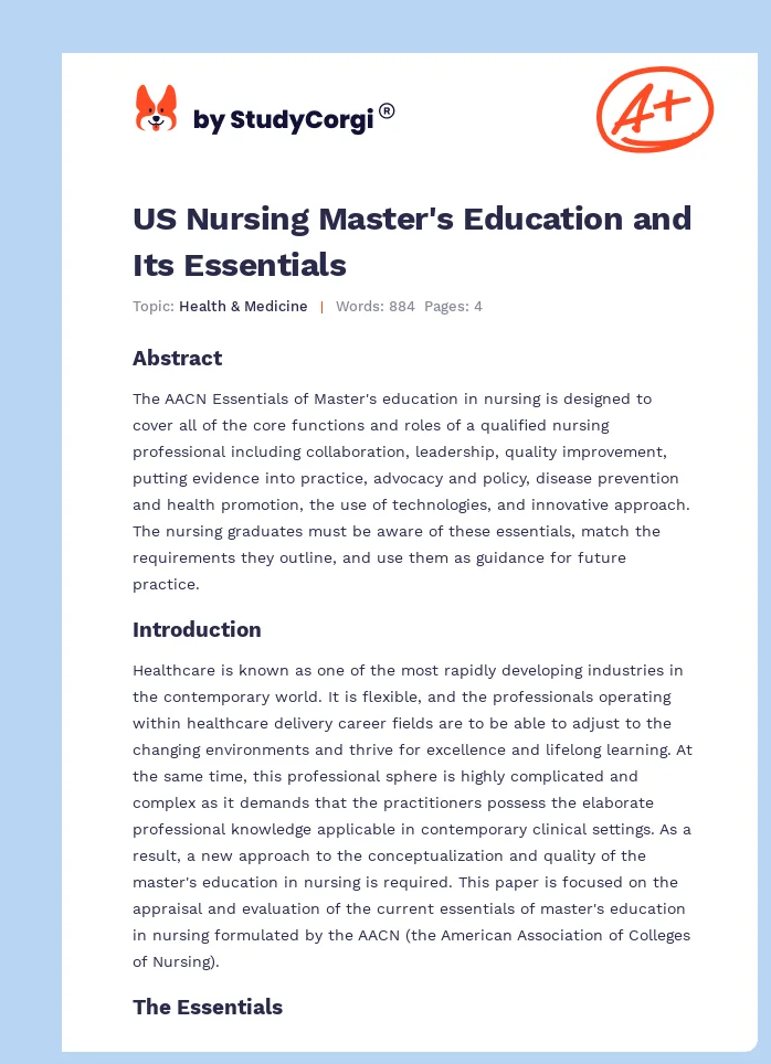 US Nursing Master's Education and Its Essentials. Page 1