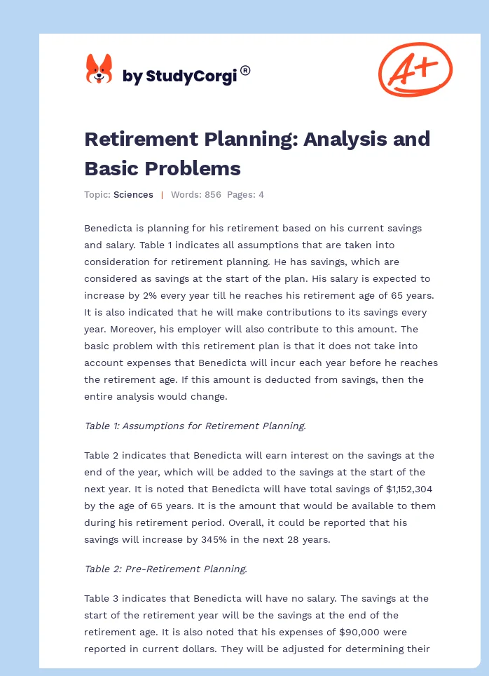 Retirement Planning: Analysis and Basic Problems. Page 1