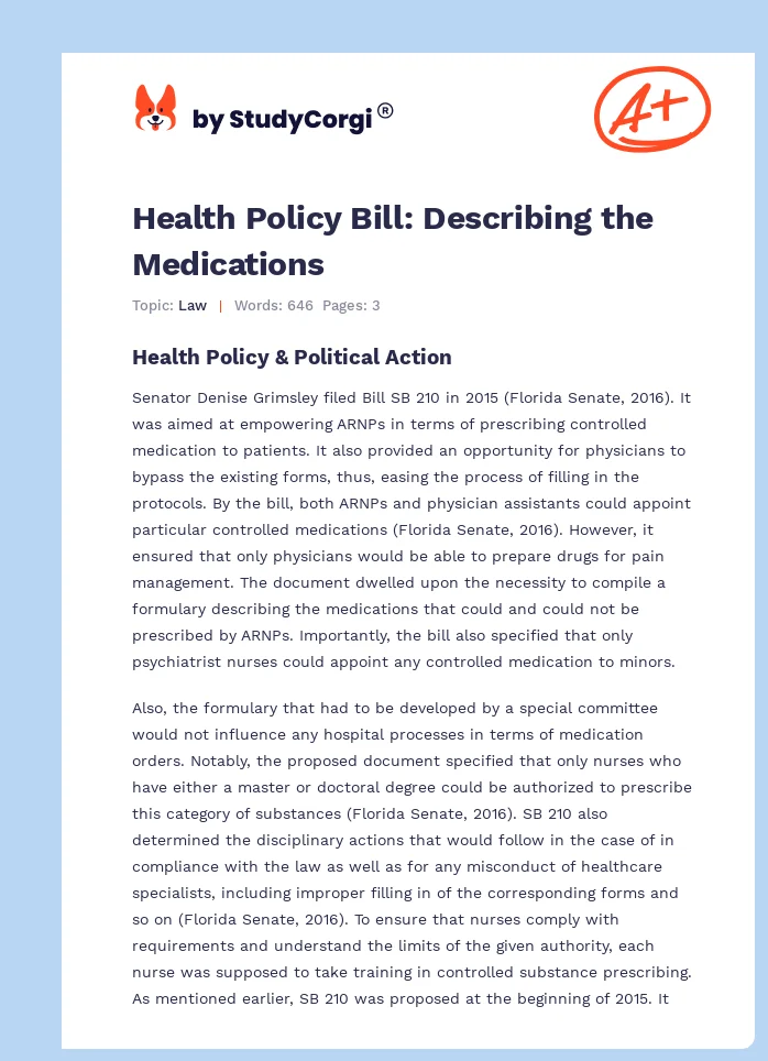 Health Policy Bill: Describing the Medications. Page 1
