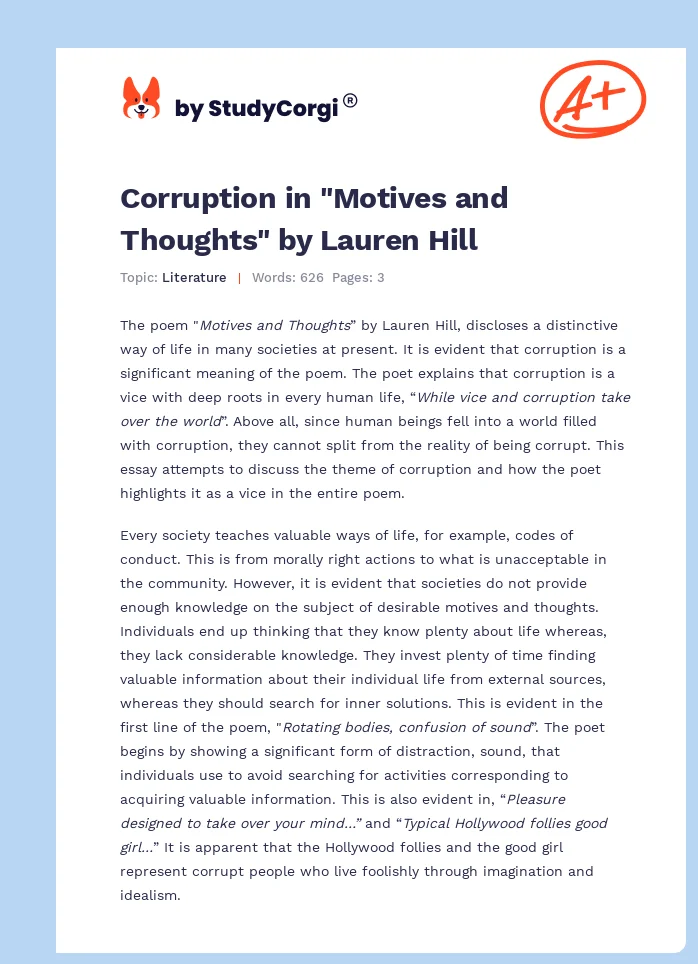 Corruption in "Motives and Thoughts" by Lauren Hill. Page 1