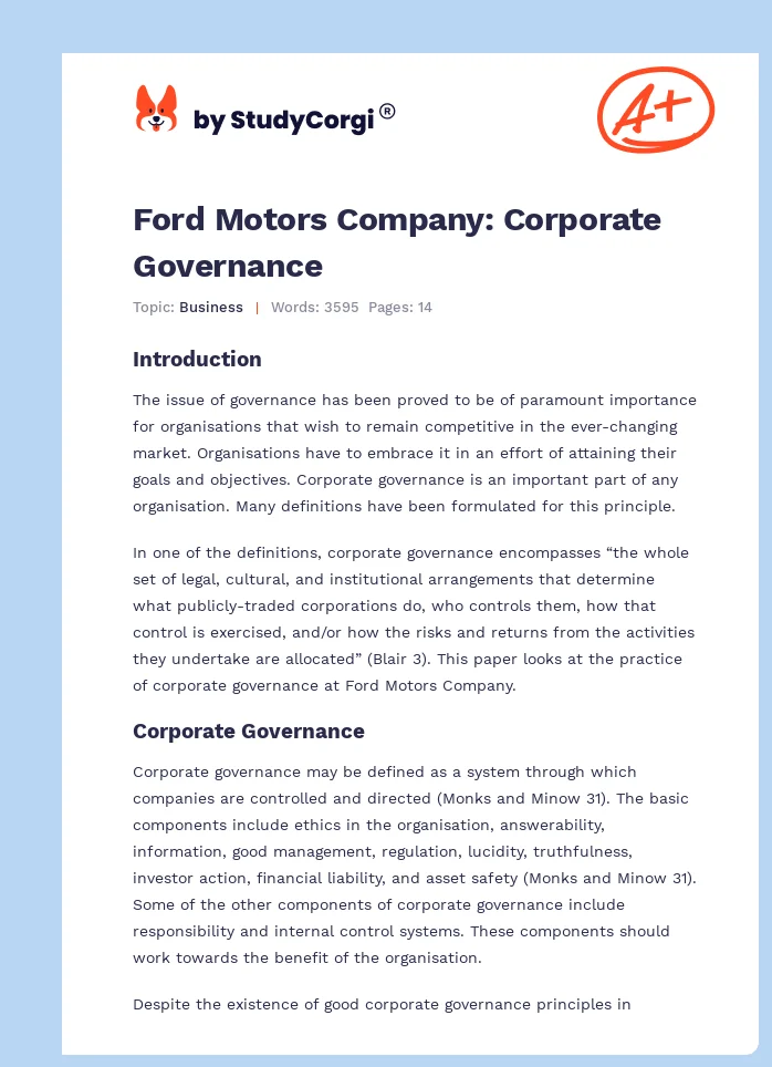 Ford Motors Company: Corporate Governance. Page 1