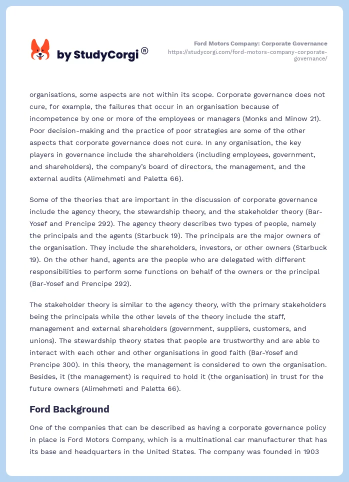 Ford Motors Company: Corporate Governance. Page 2