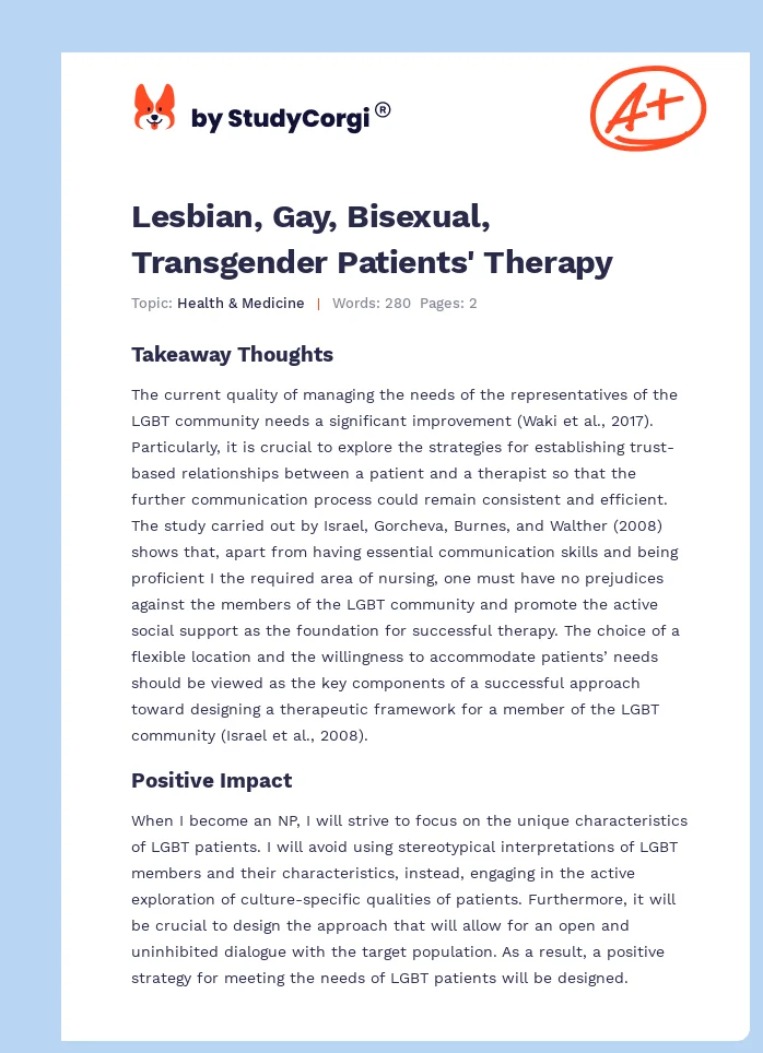 Lesbian, Gay, Bisexual, Transgender Patients' Therapy. Page 1
