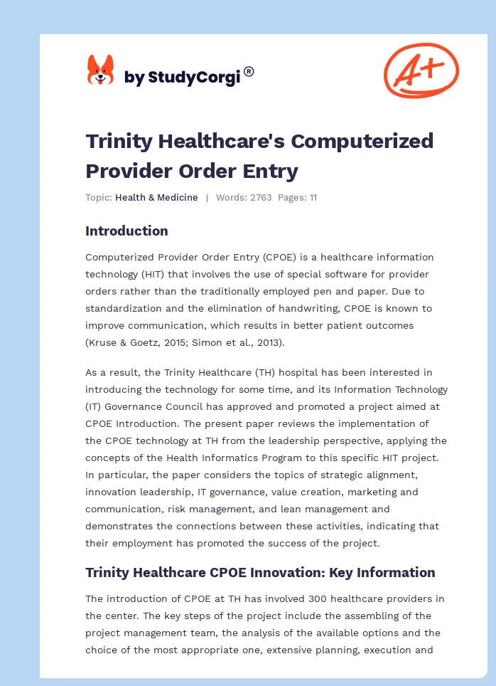 Trinity Healthcare's Computerized Provider Order Entry. Page 1