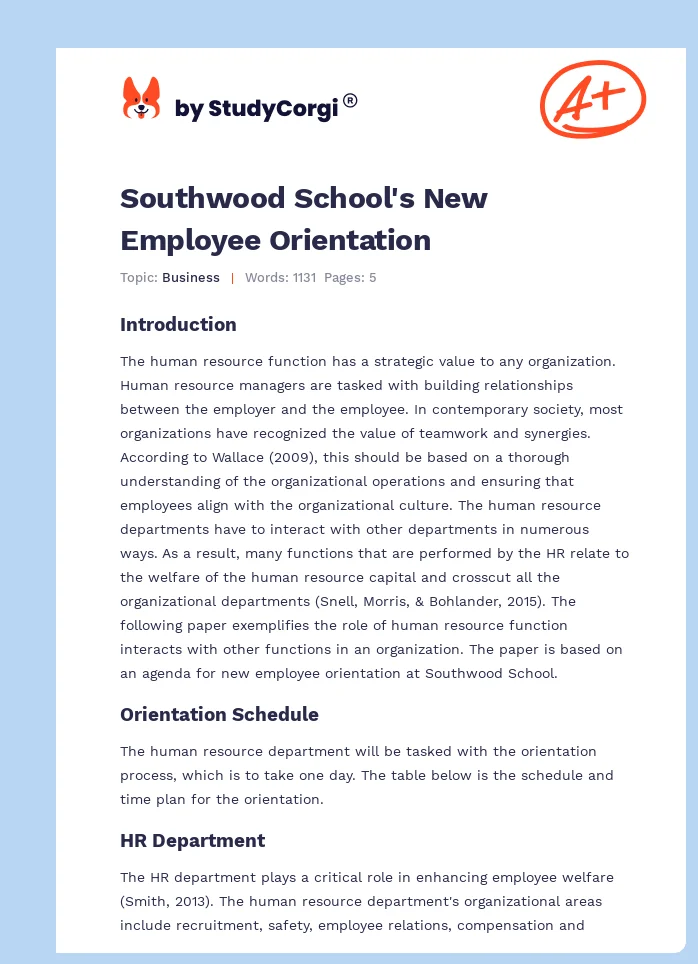 Southwood School's New Employee Orientation. Page 1