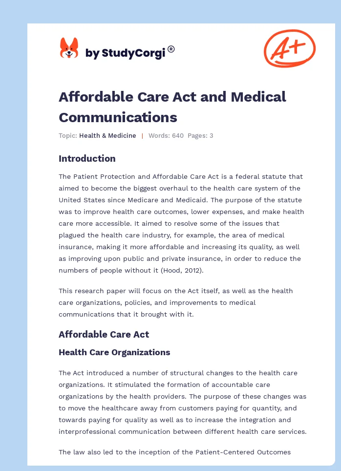 Affordable Care Act and Medical Communications. Page 1