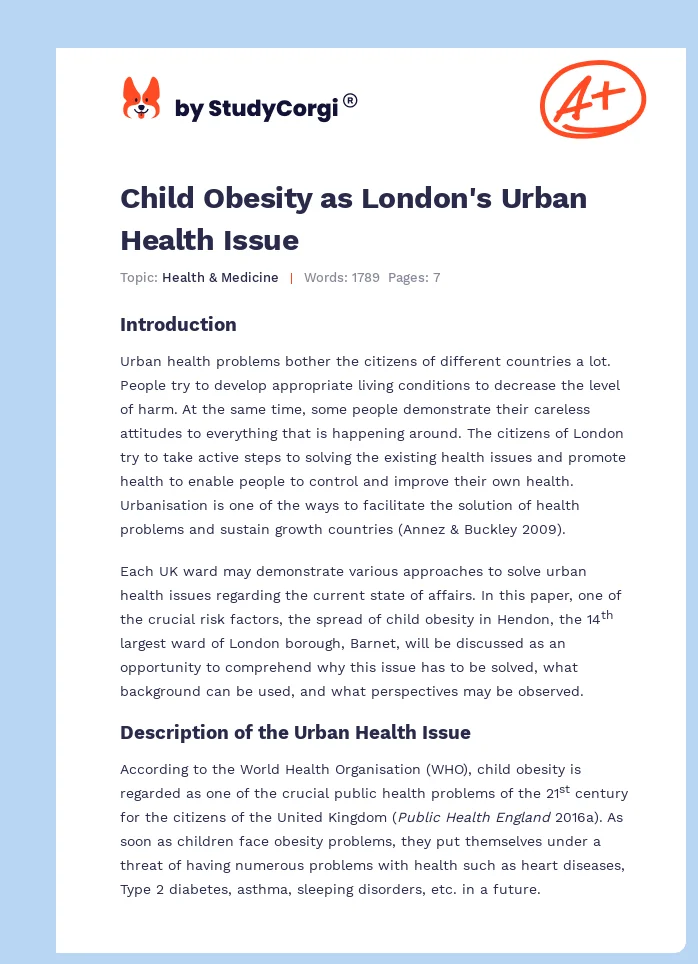 Child Obesity as London's Urban Health Issue. Page 1