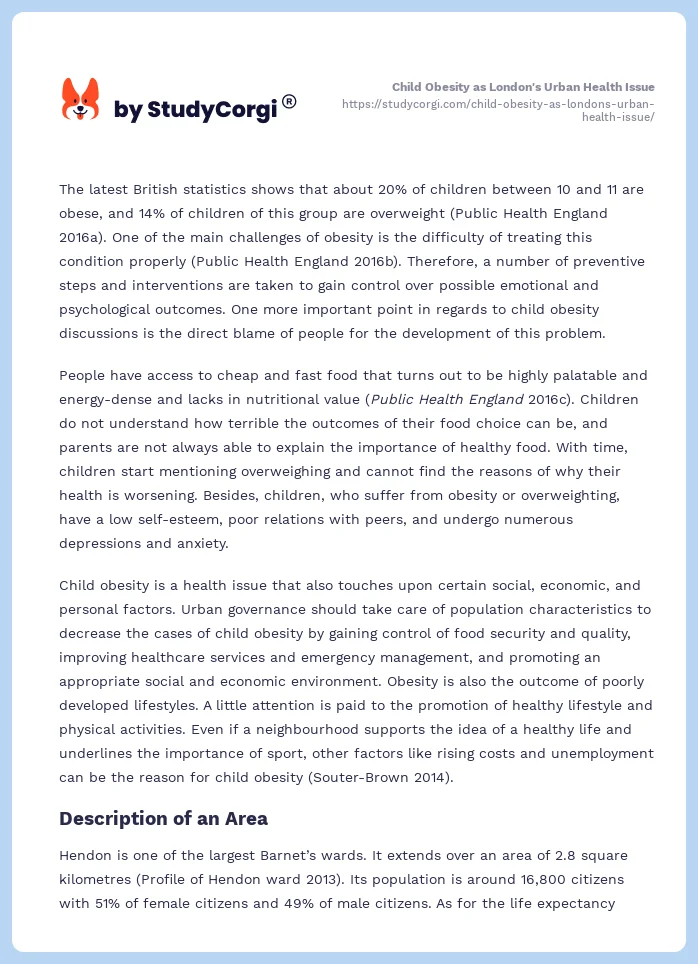 Child Obesity as London's Urban Health Issue. Page 2