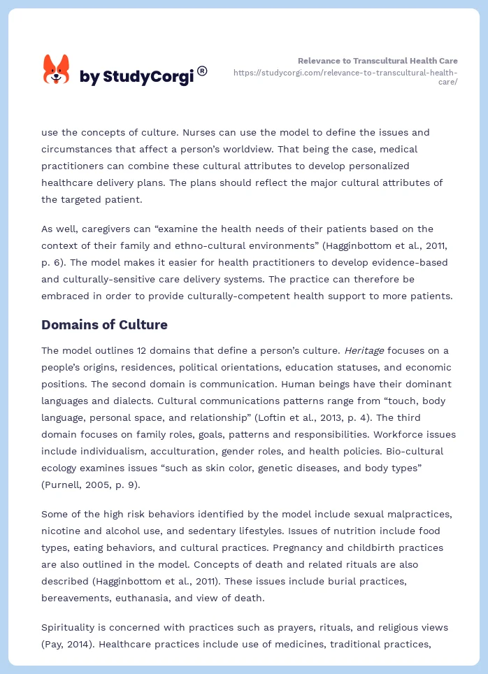 Relevance to Transcultural Health Care. Page 2