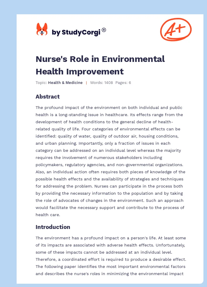 Nurse's Role in Environmental Health Improvement. Page 1