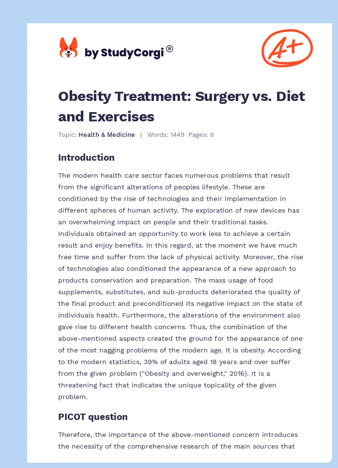 Obesity Treatment: Surgery vs. Diet and Exercises. Page 1