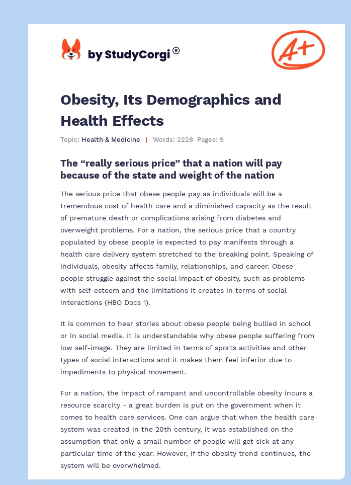 Obesity, Its Demographics and Health Effects. Page 1