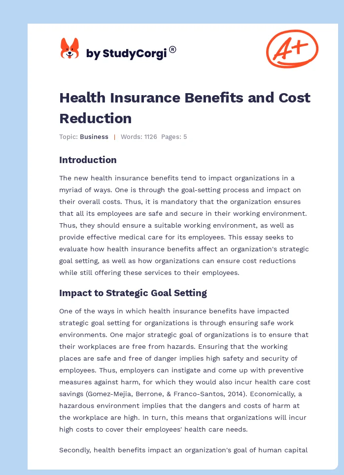 Health Insurance Benefits and Cost Reduction. Page 1