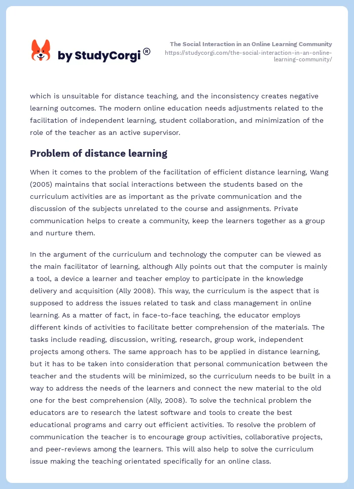 The Social Interaction in an Online Learning Community. Page 2
