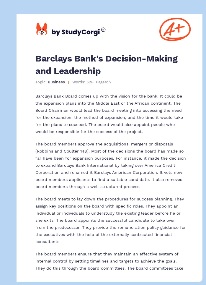 Barclays Bank's Decision-Making and Leadership. Page 1