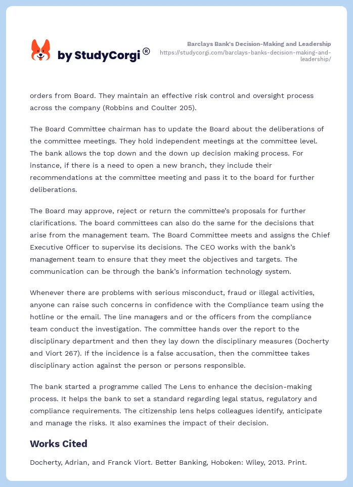 Barclays Bank's Decision-Making and Leadership. Page 2