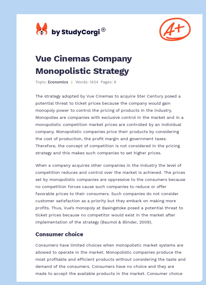 Vue Cinemas Company Monopolistic Strategy. Page 1
