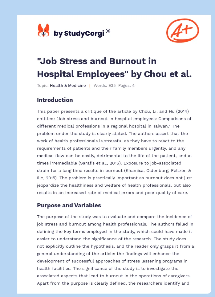 "Job Stress and Burnout in Hospital Employees" by Chou et al.. Page 1