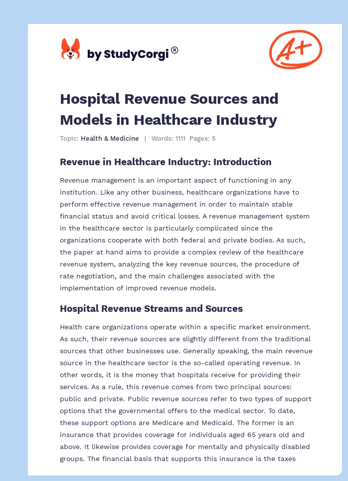 Hospital Revenue Sources and Models in Healthcare Industry. Page 1