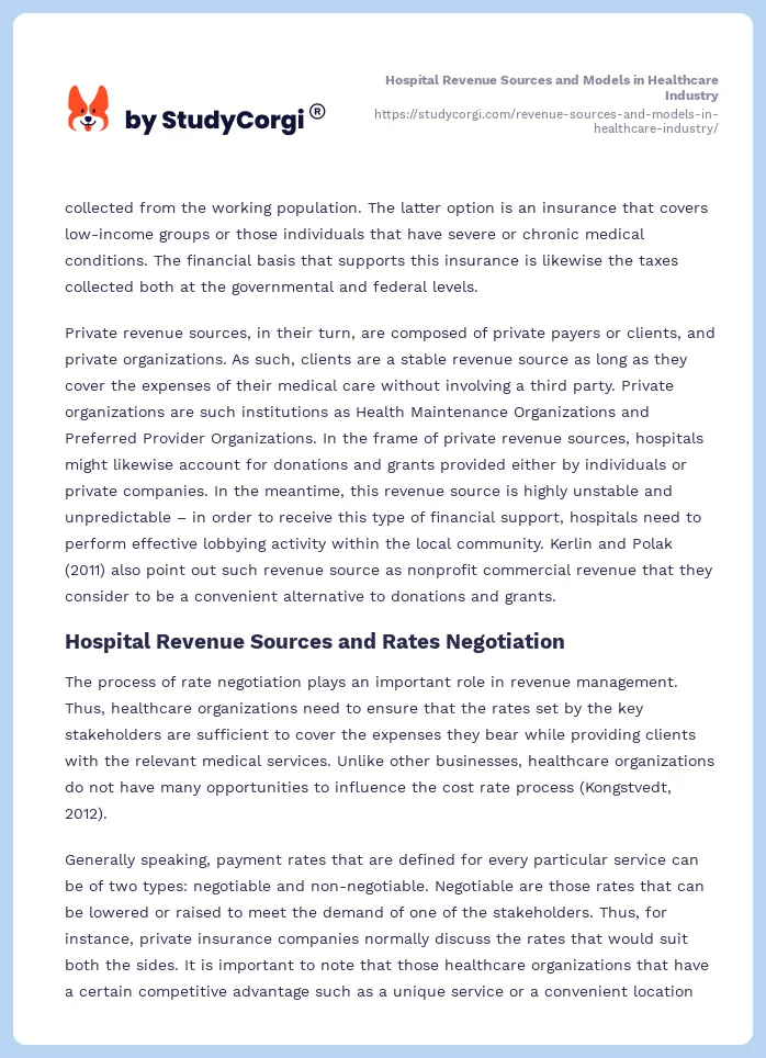 Hospital Revenue Sources and Models in Healthcare Industry. Page 2