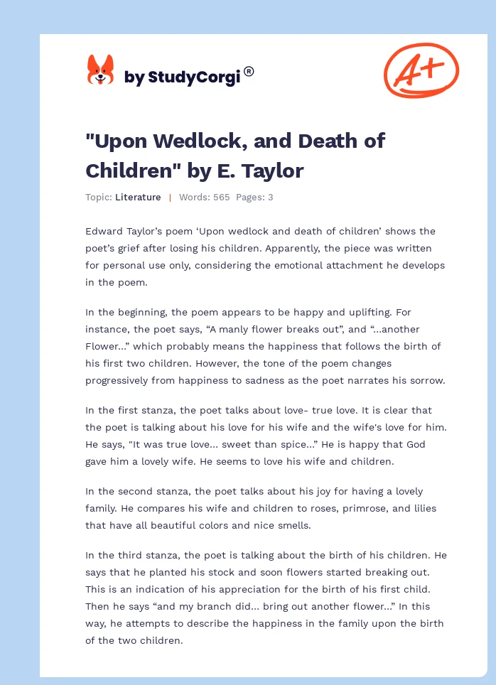 "Upon Wedlock, and Death of Children" by E. Taylor. Page 1
