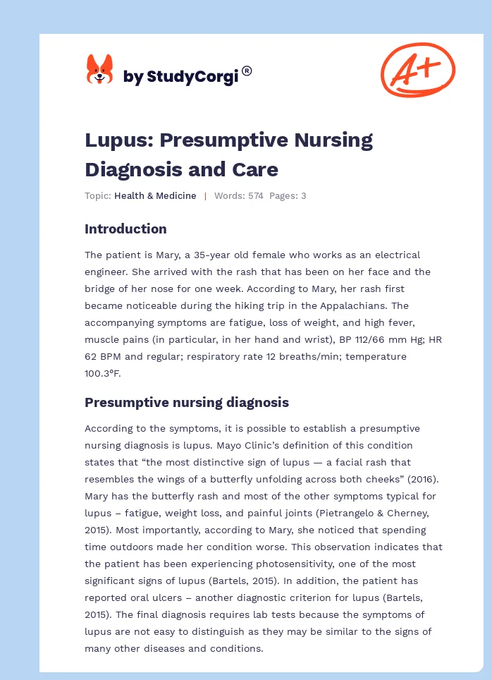 Lupus: Presumptive Nursing Diagnosis and Care. Page 1