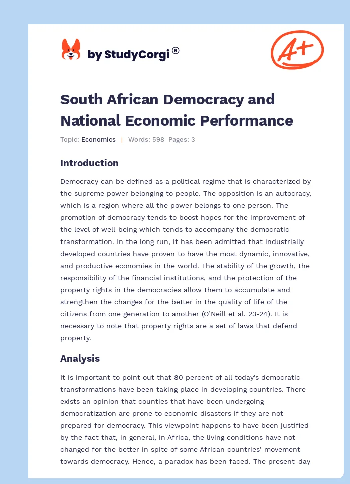 South African Democracy and National Economic Performance. Page 1