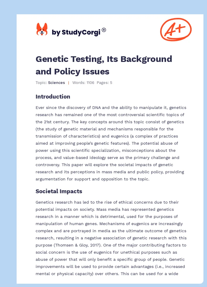 Genetic Testing, Its Background and Policy Issues. Page 1