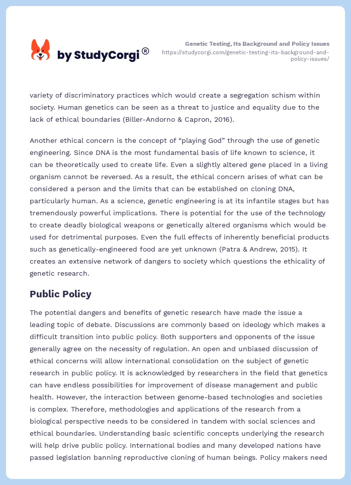 Genetic Testing, Its Background and Policy Issues. Page 2