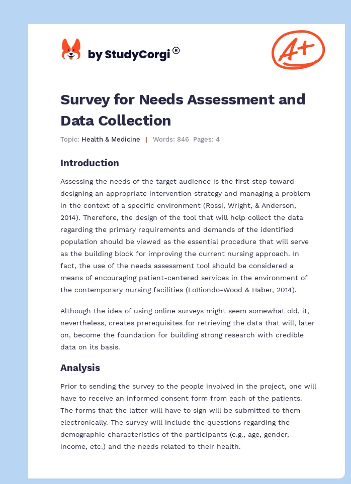 Survey for Needs Assessment and Data Collection. Page 1