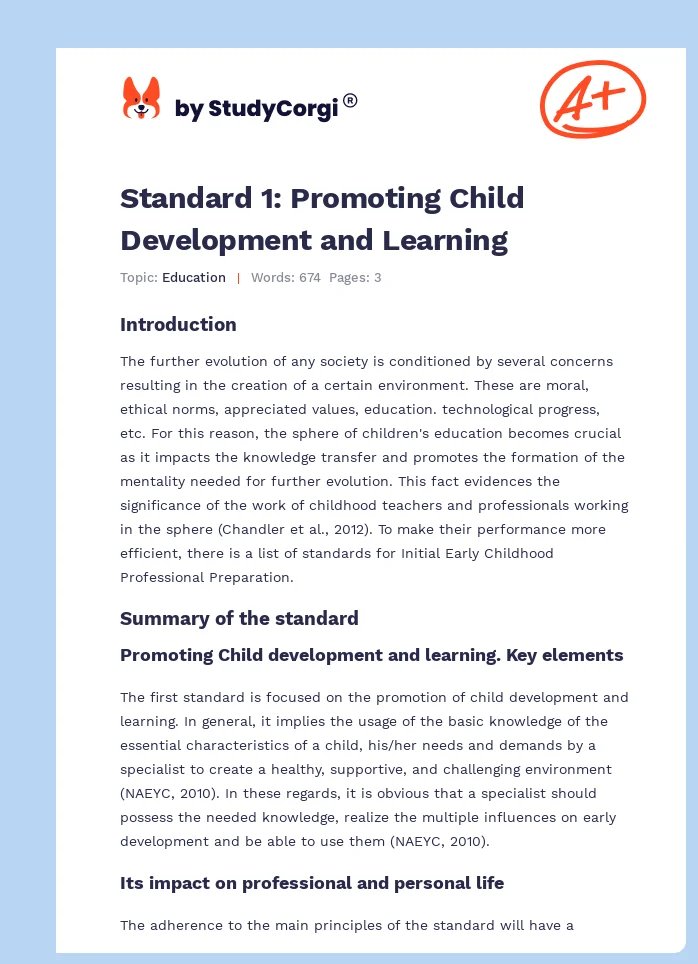 Standard 1: Promoting Child Development and Learning. Page 1