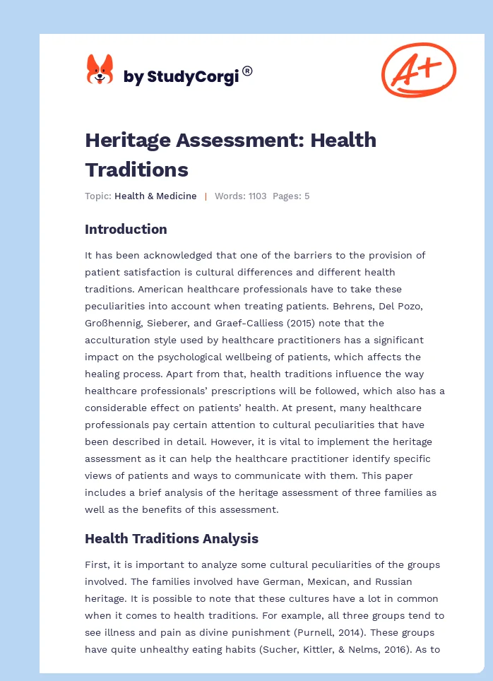 Heritage Assessment: Health Traditions. Page 1