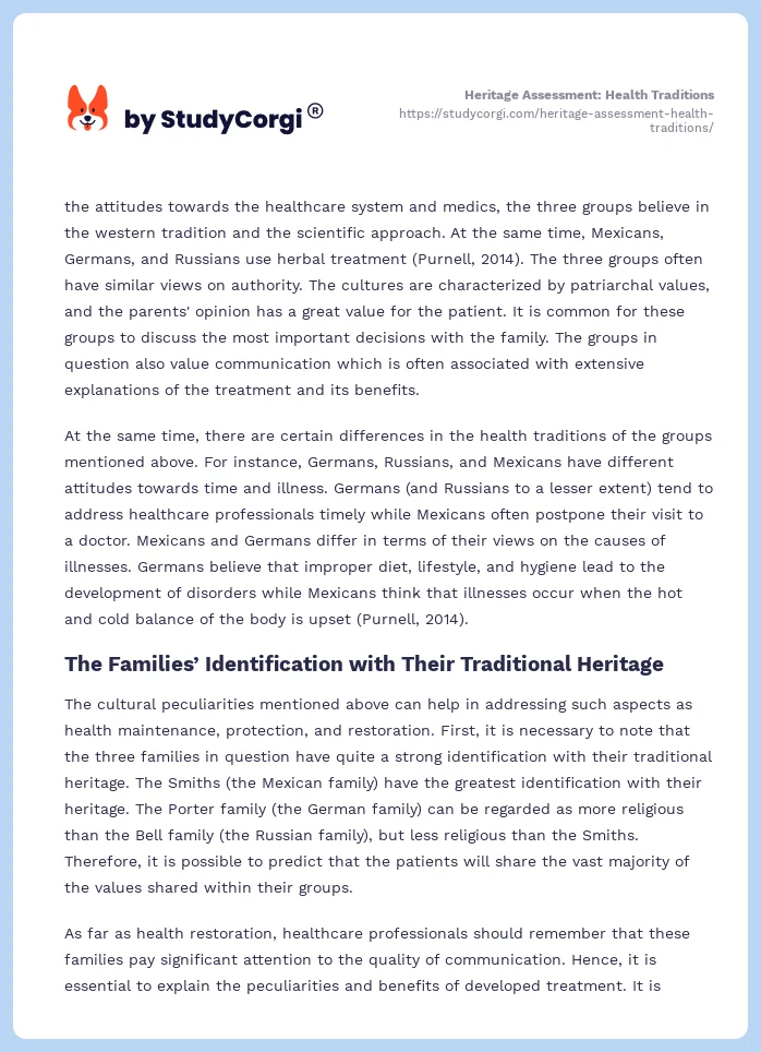Heritage Assessment: Health Traditions. Page 2