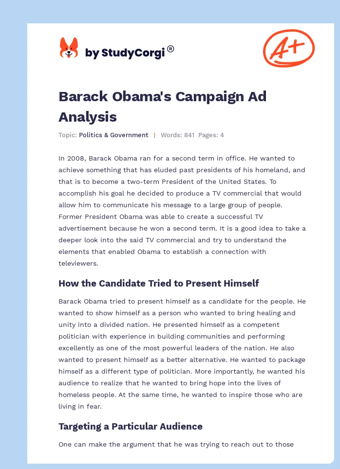Barack Obama's Campaign Ad Analysis. Page 1