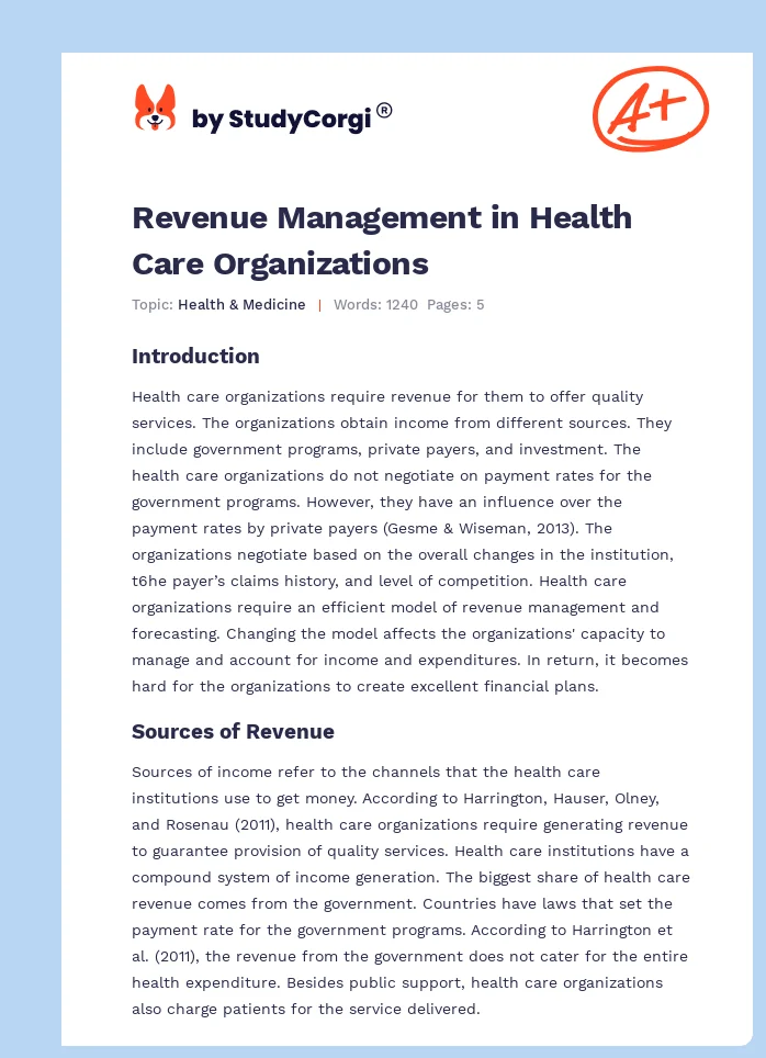 Revenue Management in Health Care Organizations. Page 1