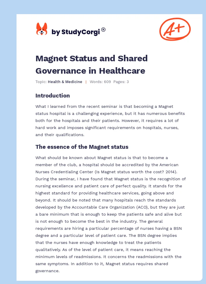 Magnet Status and Shared Governance in Healthcare. Page 1