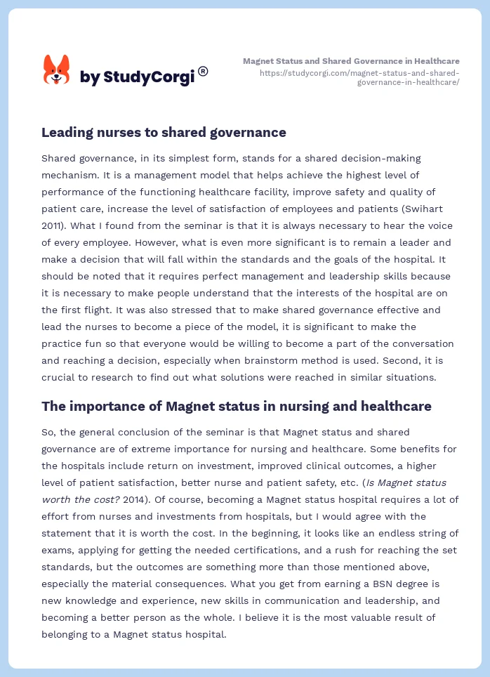 Magnet Status and Shared Governance in Healthcare. Page 2