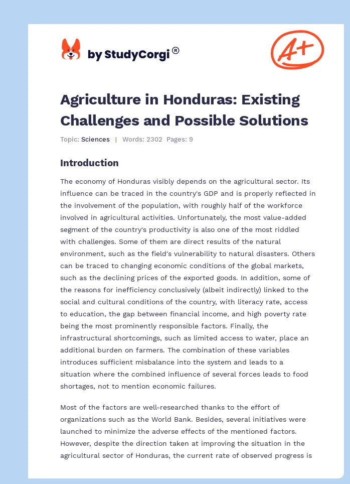 Agriculture in Honduras: Existing Challenges and Possible Solutions. Page 1