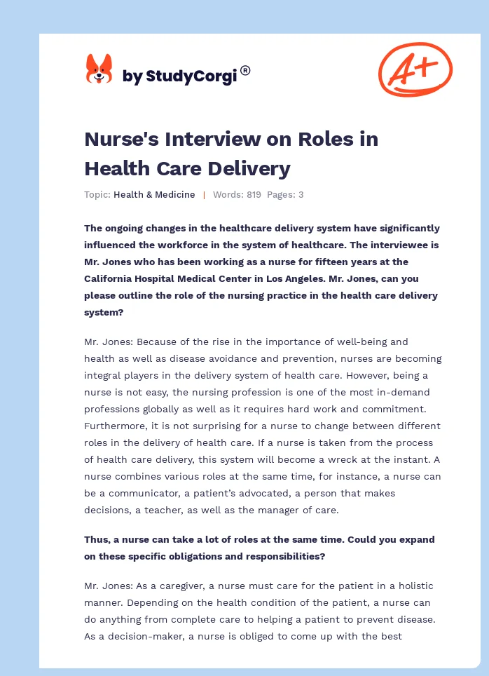 Nurse's Interview on Roles in Health Care Delivery. Page 1